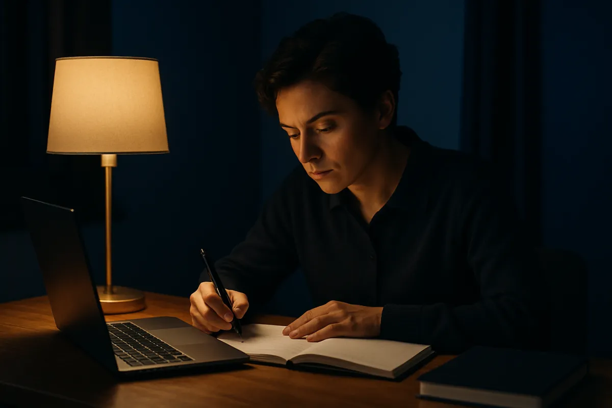 A person writing in an open notebook at a desk at night, lit by a table lamp, with a laptop open beside them