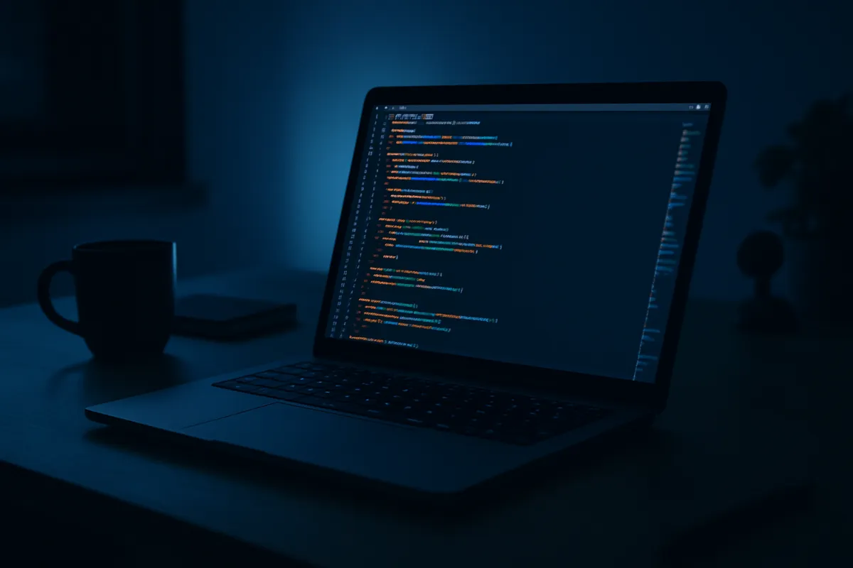A laptop displaying lines of code beside a coffee mug in a dim blue-lit room at night