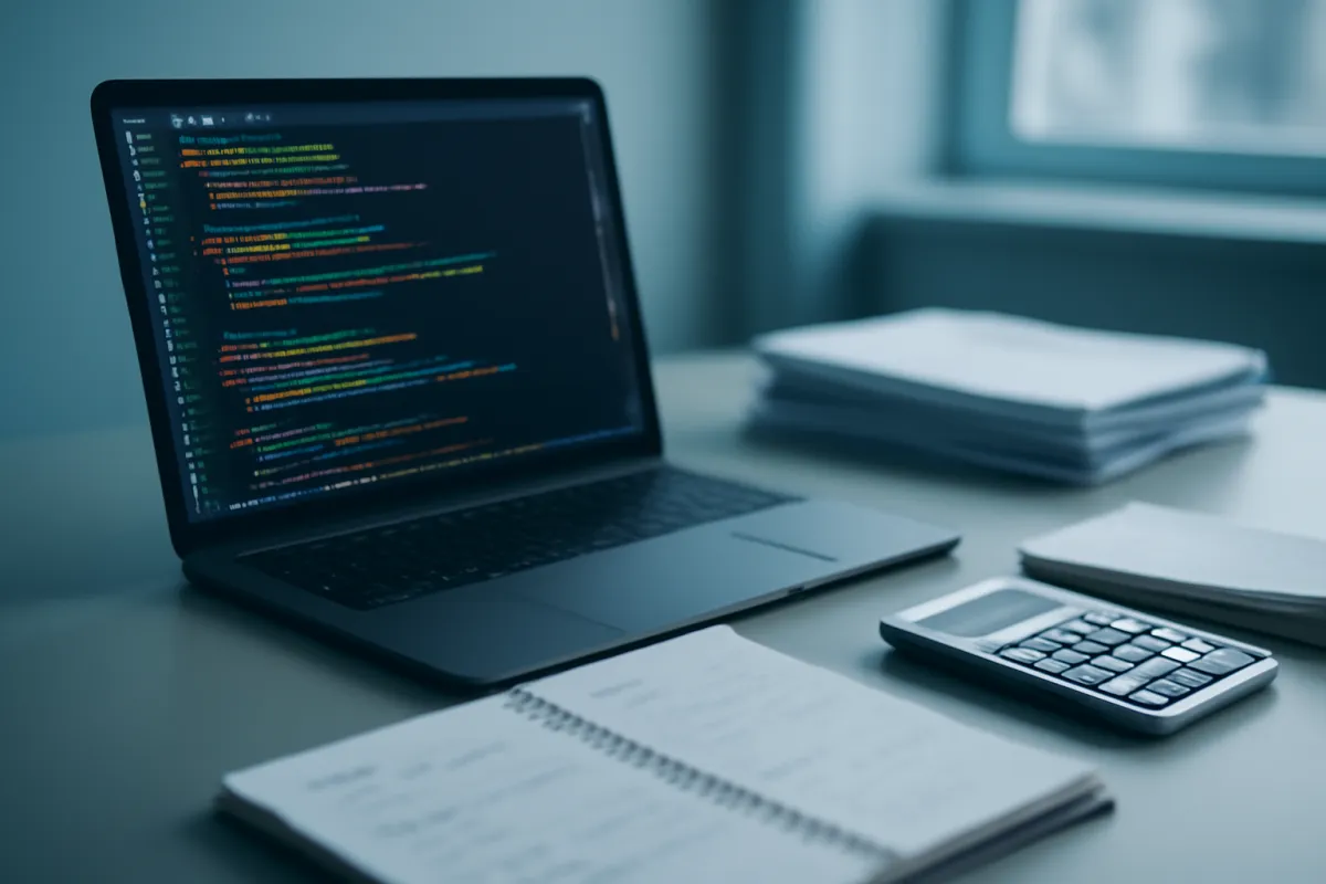 A laptop showing colorful code beside financial planning notes, a calculator, and paperwork on a desk in cool slate-blue light