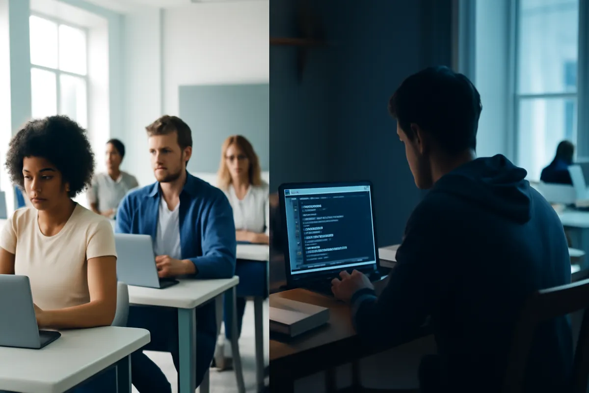 A split scene of a classroom of adult learners on the left and a single person studying code alone on a laptop on the right, tinted in slate blue