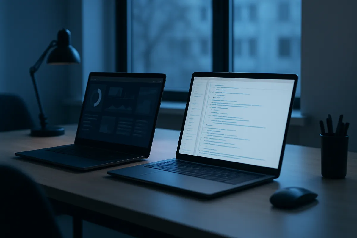 Two open laptops side by side on a desk in a dim room, one screen showing a dark dashboard and the other showing lines of code in an editor