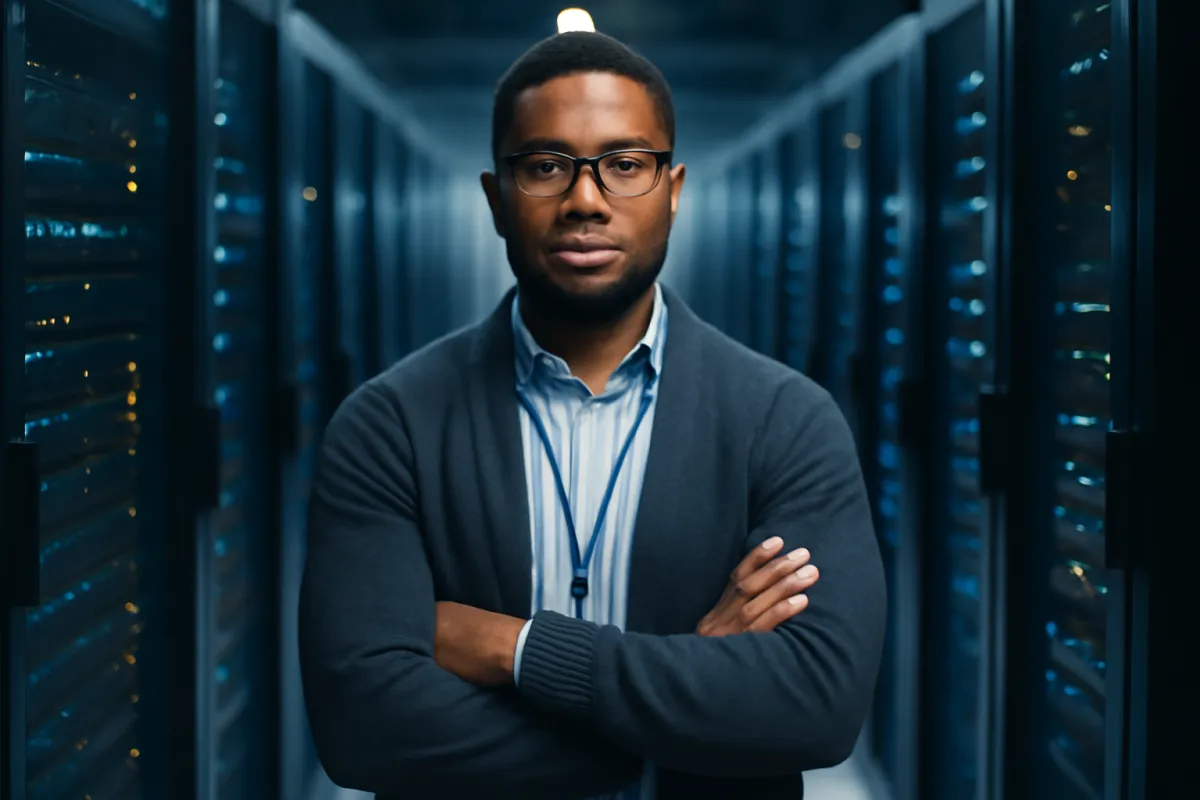 An IT professional standing in a modern data center server aisle with cool slate-blue accent lighting