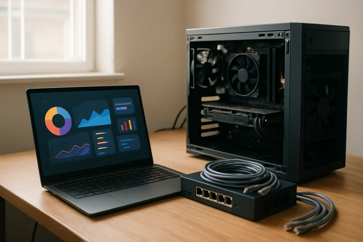 An open laptop showing a colorful dashboard beside an opened black computer tower and a small five-port network box with a coiled cable on a wooden desk near a window