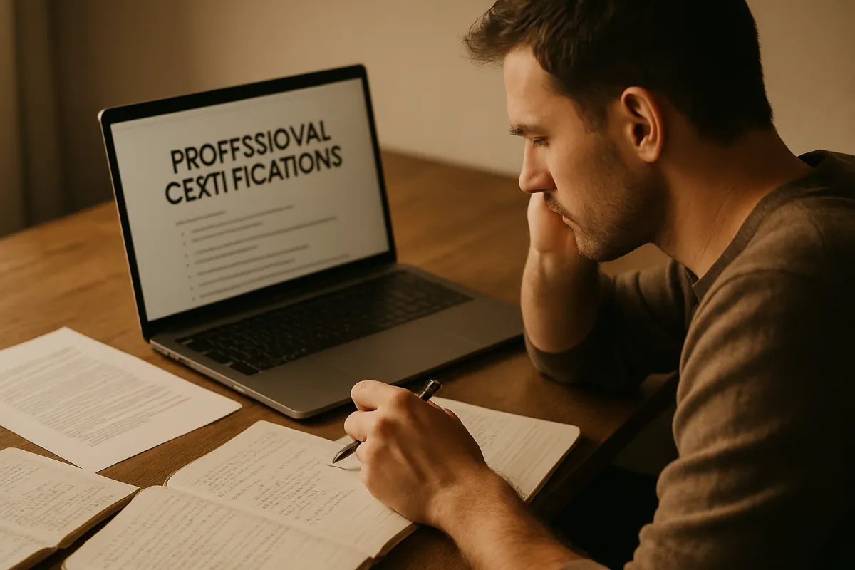 A person researching certifications at a laptop surrounded by handwritten notes, comparing options with a pen in hand in warm natural light