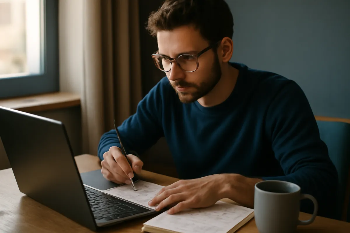 A focused person studying for an IT certification at a laptop with handwritten notes and a coffee mug on the desk in warm natural light