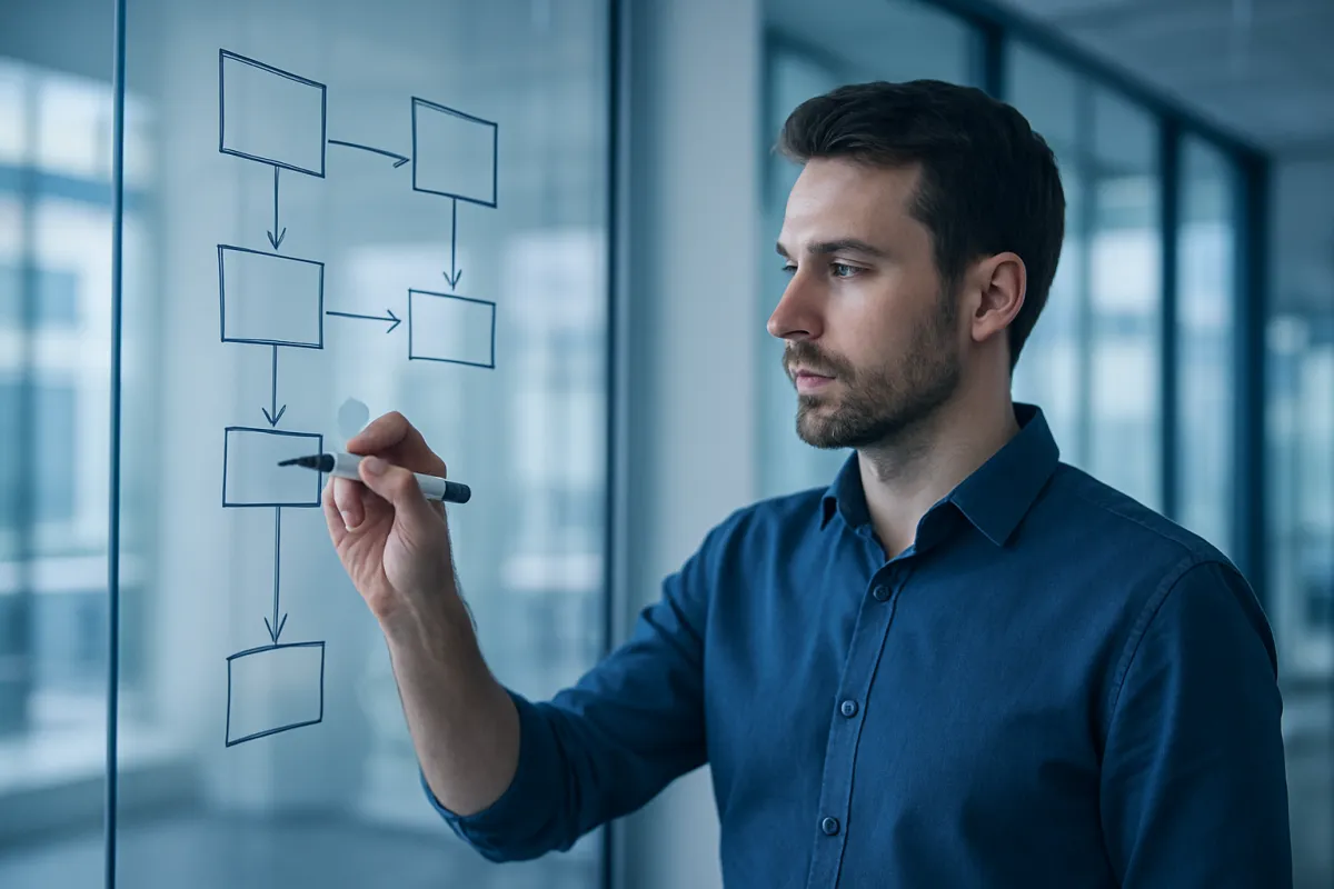 A person in a blue shirt sketching linked boxes and arrows on a glass whiteboard in a bright office