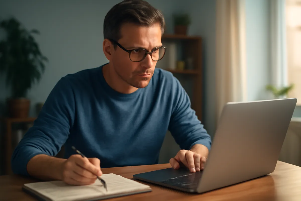 A focused adult career-changer at a laptop, pen in hand over an open notebook, at a home desk in warm natural light