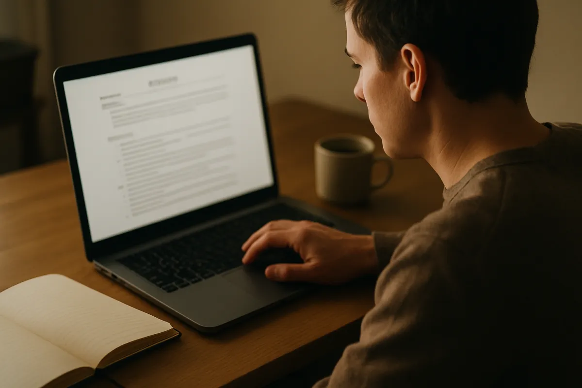 A focused adult editing a resume on a laptop at a home desk with a notebook and coffee mug beside the keyboard in warm natural light