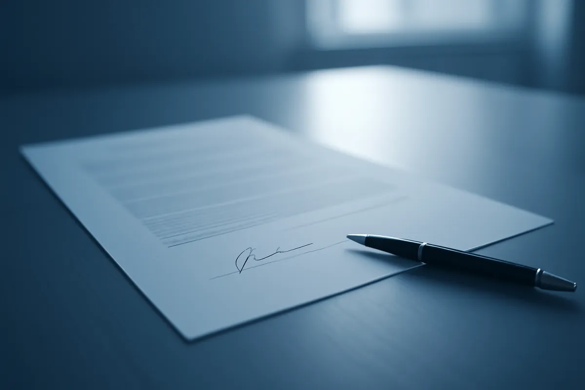 Two people in business attire shaking hands across a desk with a document and a laptop between them