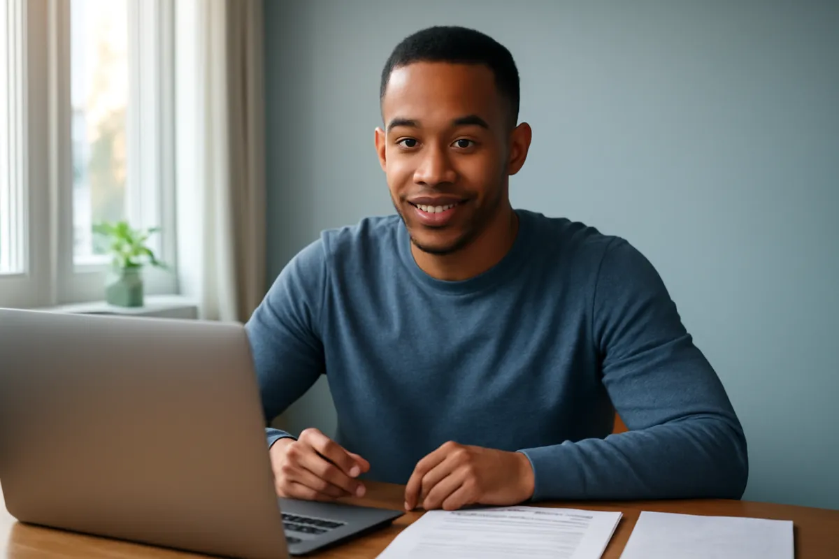 A smiling person at a laptop with printed pages spread on the desk in a bright home room