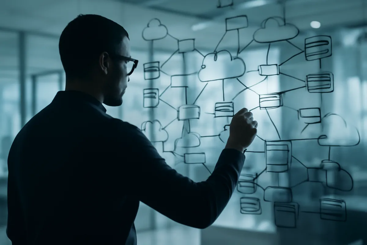 A person reviewing a cloud system architecture diagram drawn on a glass board, representing a cloud solutions architect track, in slate-blue toned light