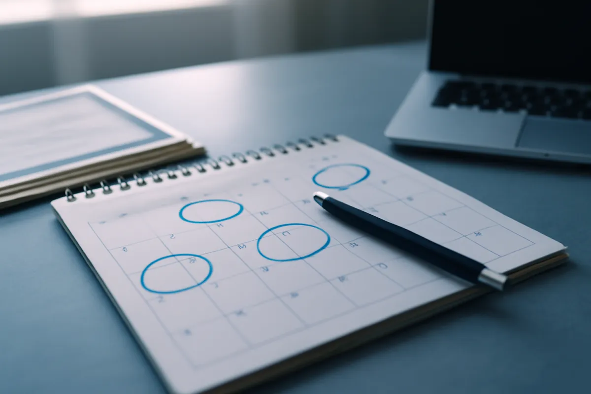 A desk planner with several dates circled in blue marker beside certificates and a laptop, suggesting recurring renewal deadlines