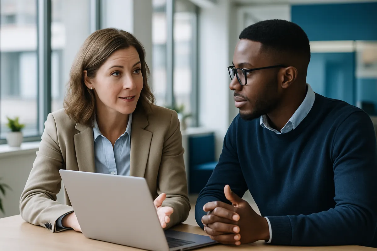 Two professionals having a career development conversation over a laptop