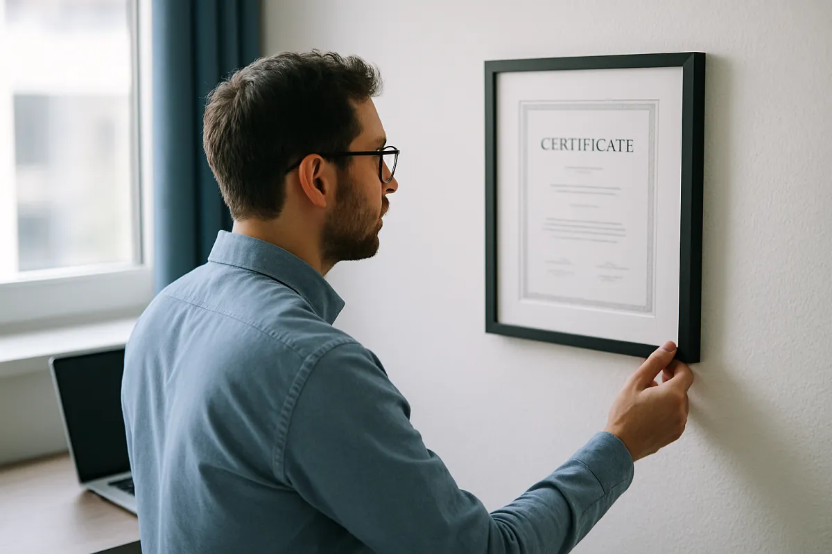 A professional reviewing a framed certificate on an office wall beside a laptop