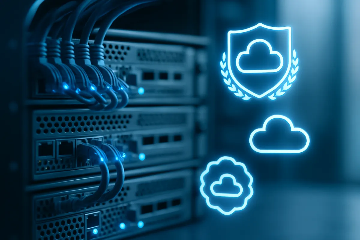 Stacked cloud server hardware with glowing blue network cables in an IT workspace