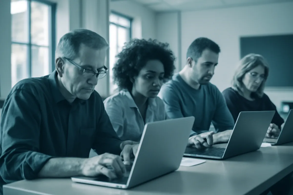 A small cohort of adult learners working at laptops around a shared table in a bright coworking classroom