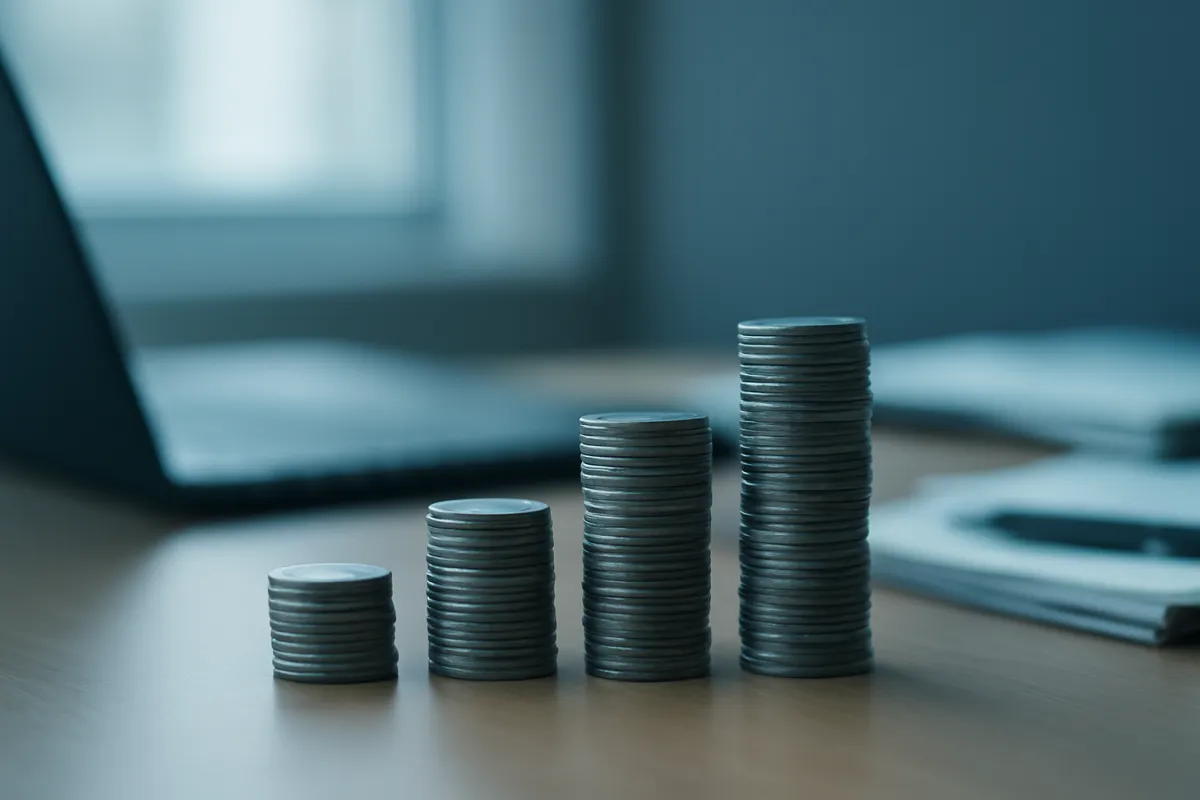 Stacks of coins rising in increasing columns beside a laptop and study materials on a desk in slate-blue light