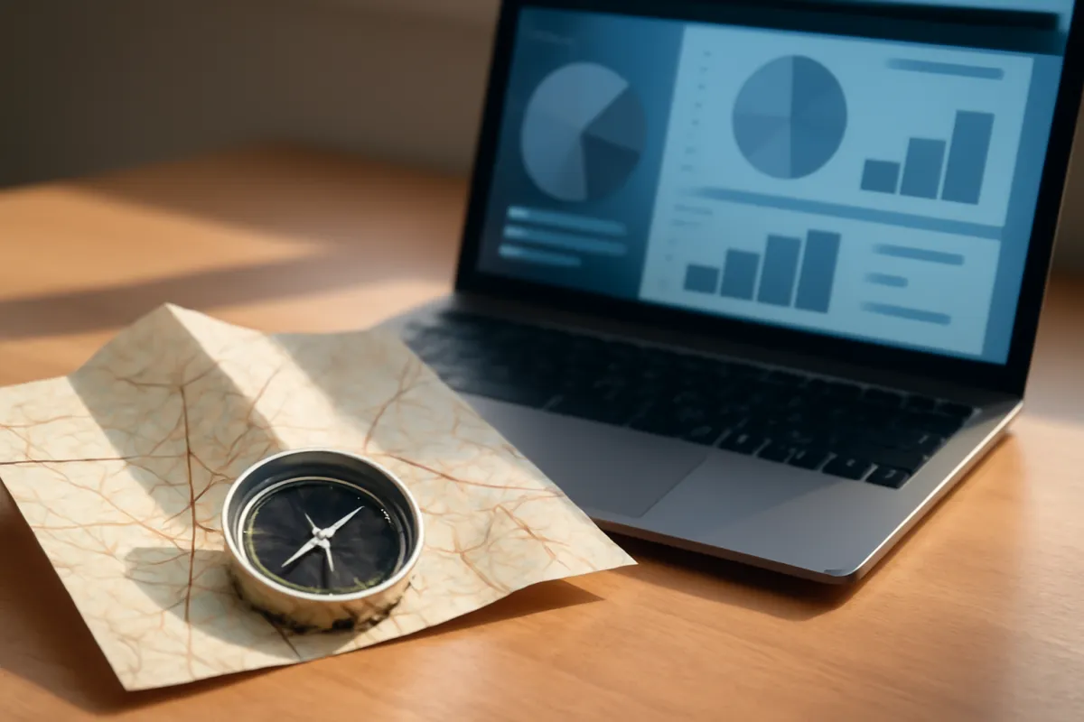 A compass and a folded route map on a desk beside a laptop showing abstract blue dashboard shapes