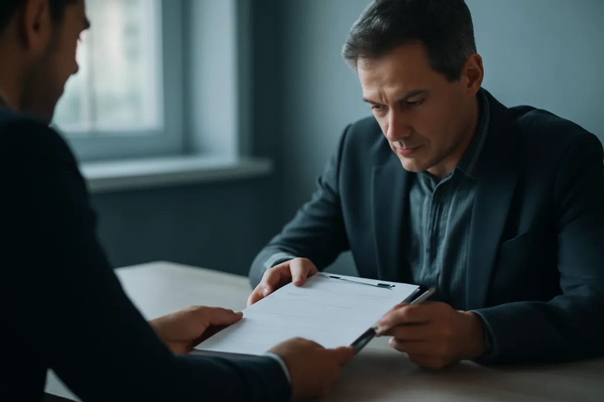 Two people at a table, one sliding a contract forward while the other reads it carefully with a pen in hand