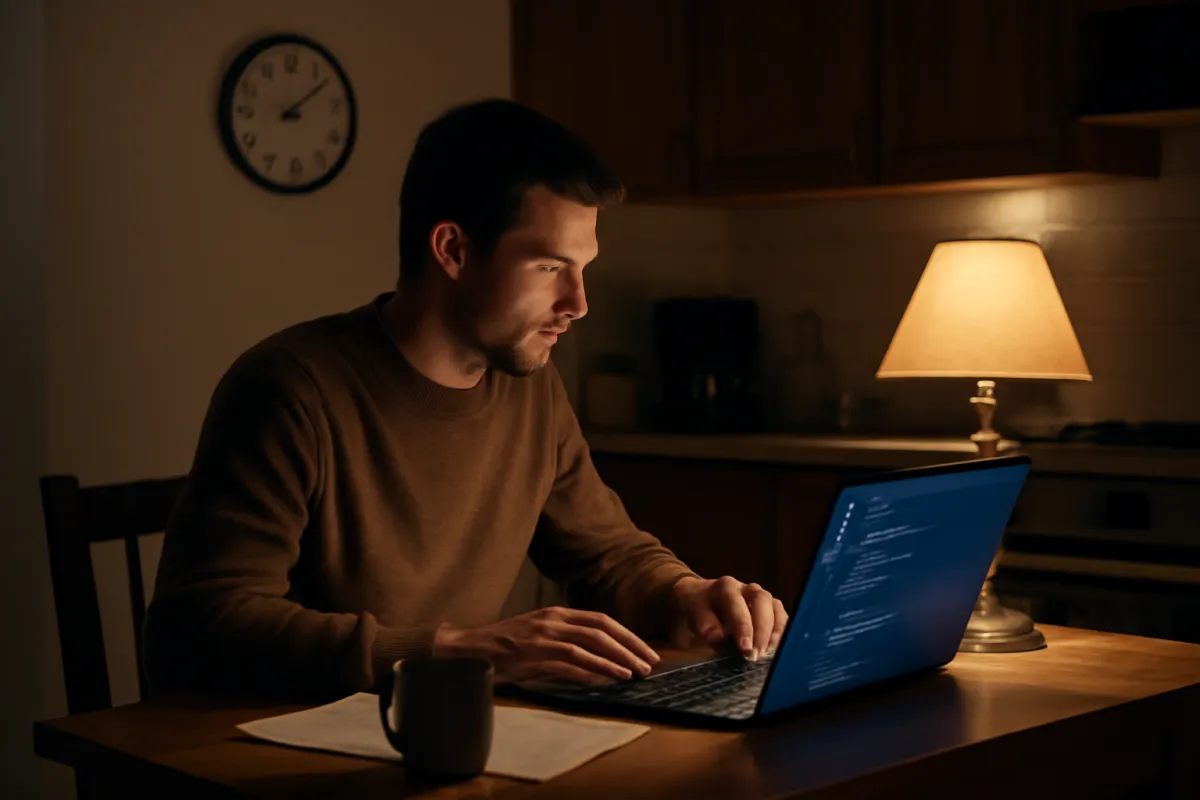A person studying code alone at a kitchen table in the evening after work, a clock on the wall behind them