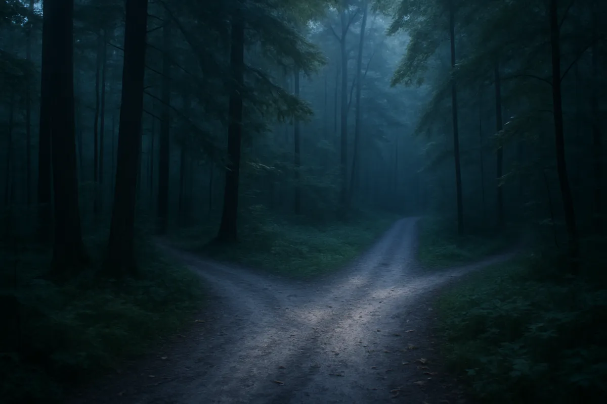 A fork in a forest path in cool morning light