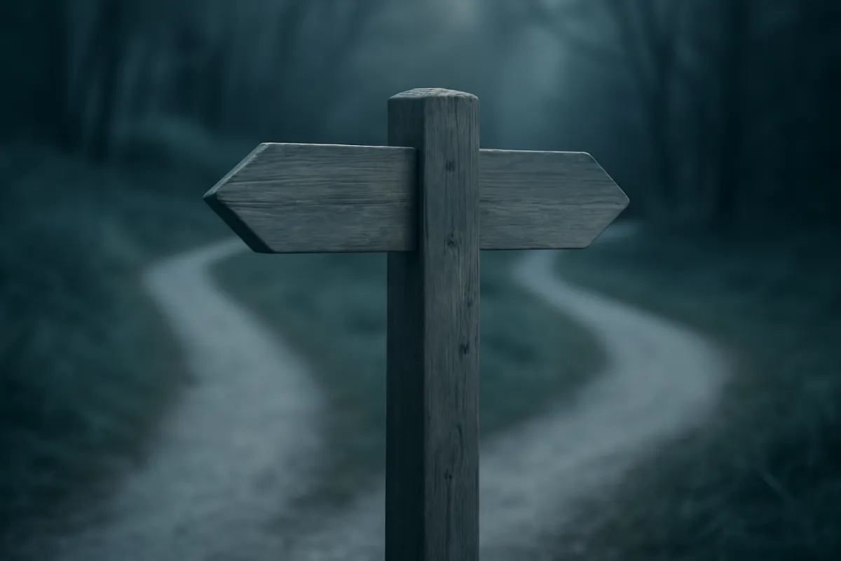 A forking path through open terrain, representing the choice between a vendor-neutral and a vendor-specific cloud certification, in slate-blue toned natural light