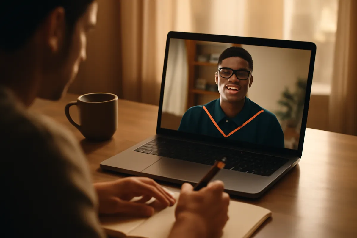 A person on a video call with a bootcamp graduate, taking notes in a notebook with a coffee mug on the desk