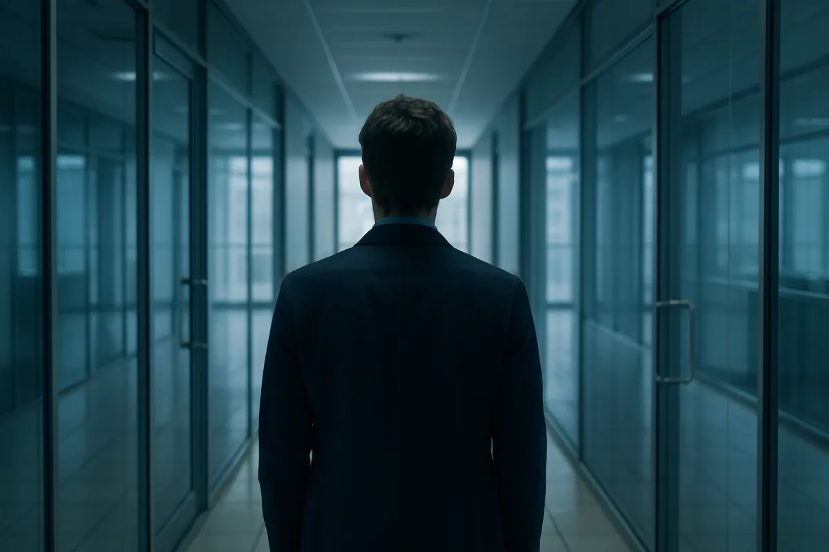 A person standing where two glass-walled office corridors fork in different directions