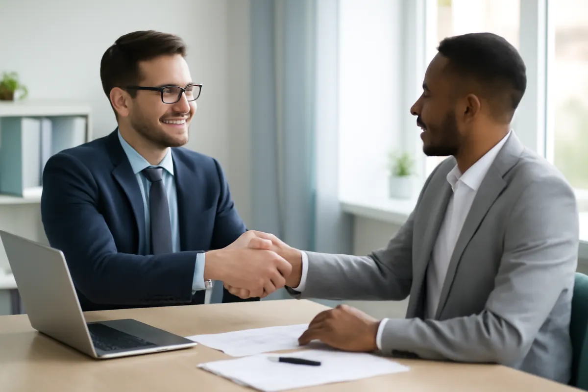 Two professionals shaking hands across a desk after agreeing terms, with a laptop and printed offer document beside them in warm natural light