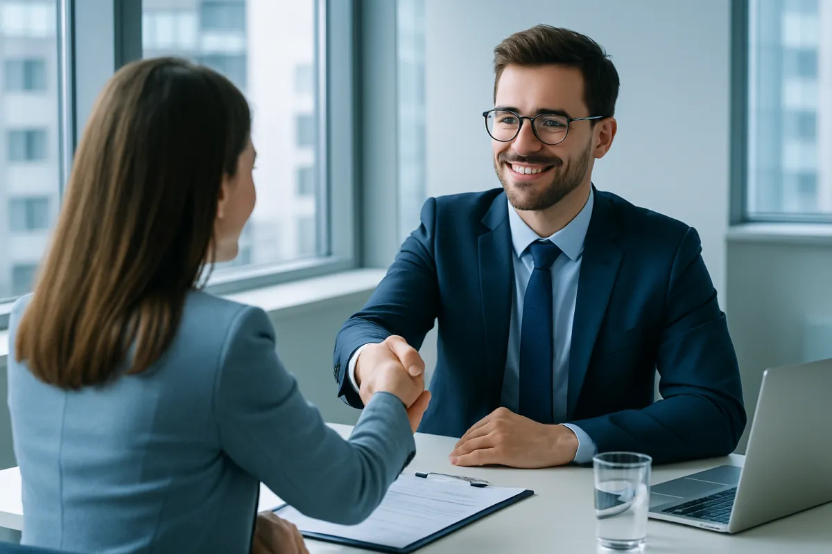 A candidate and interviewer shaking hands across a bright office table