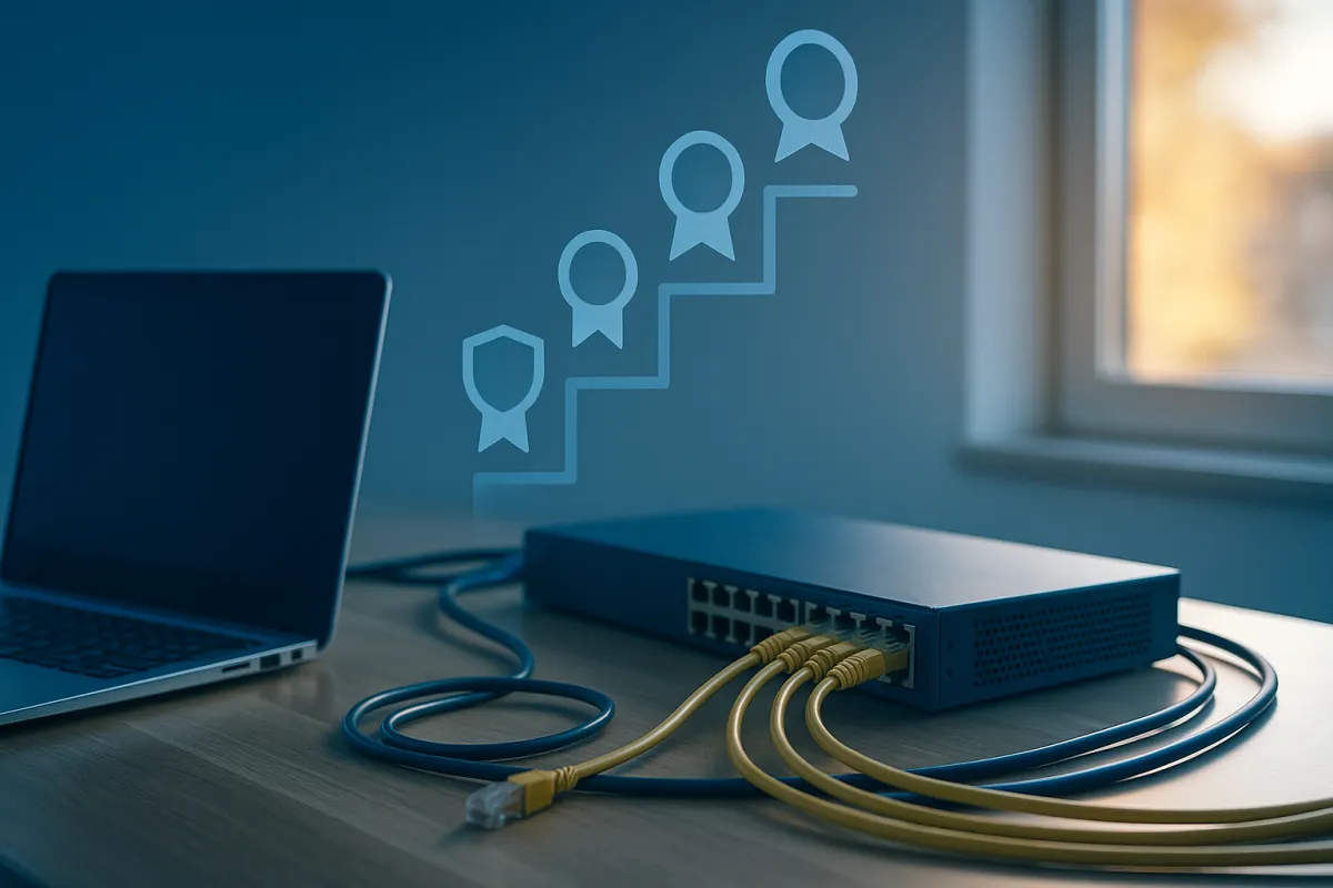 An IT support desk with a laptop, network switch, and patch cables arranged like a rising ladder