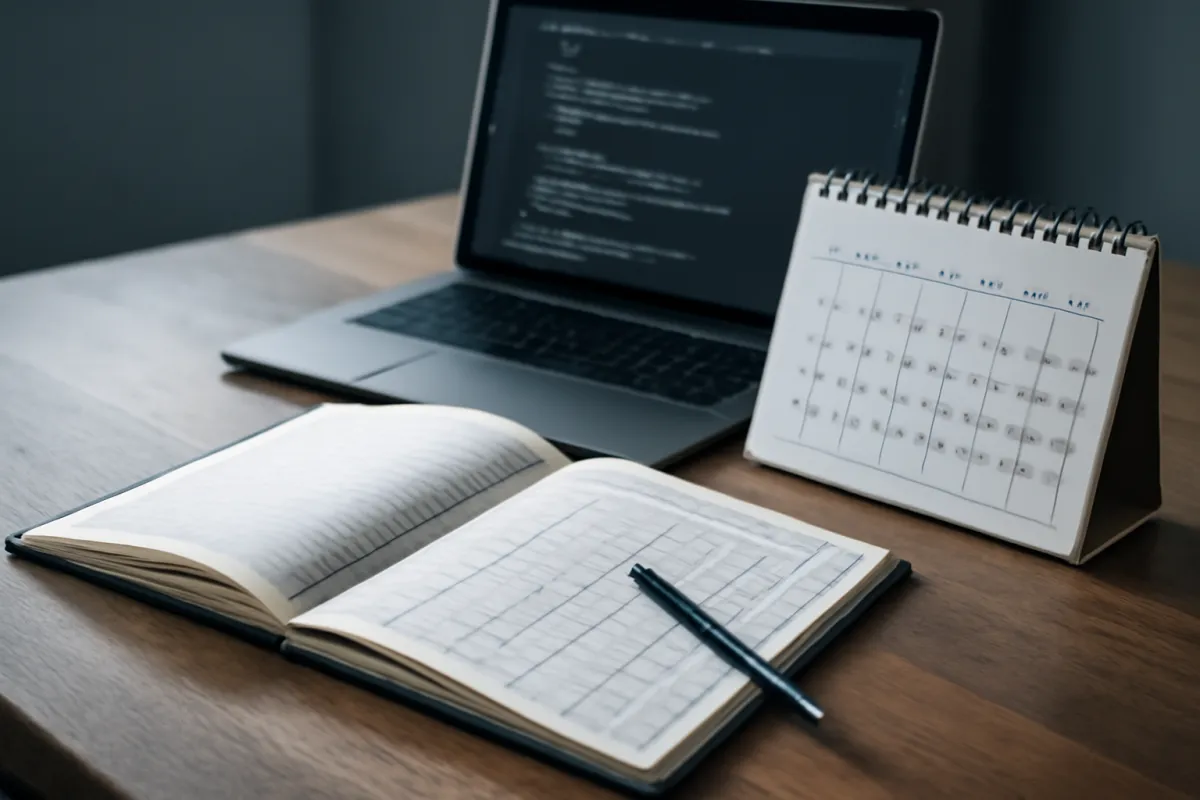An open grid-ruled notebook and a small desk calendar beside a laptop showing code, with a pen resting on the page