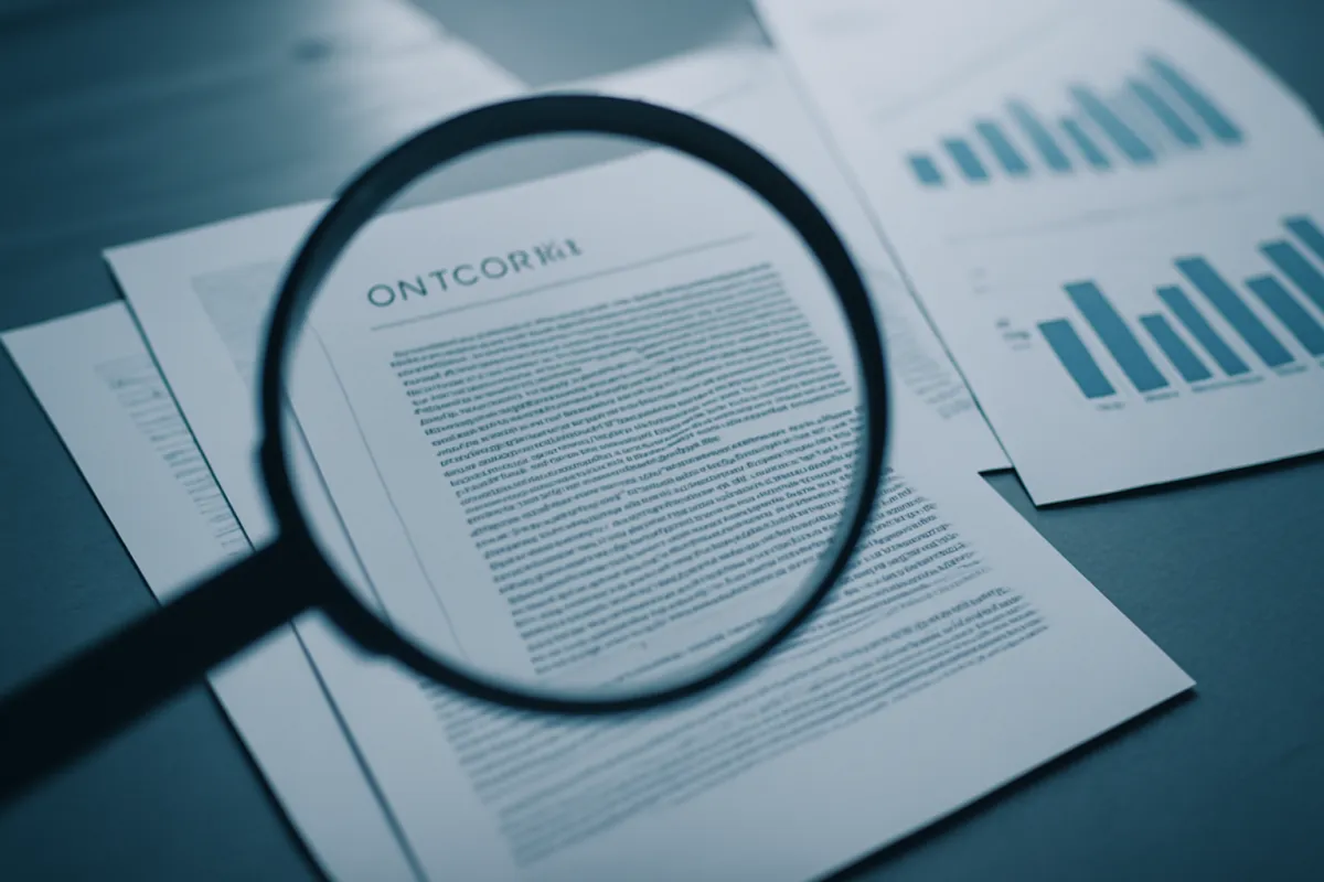A magnifying glass over a printed report beside bar charts, in cool slate-blue light, representing analytics work
