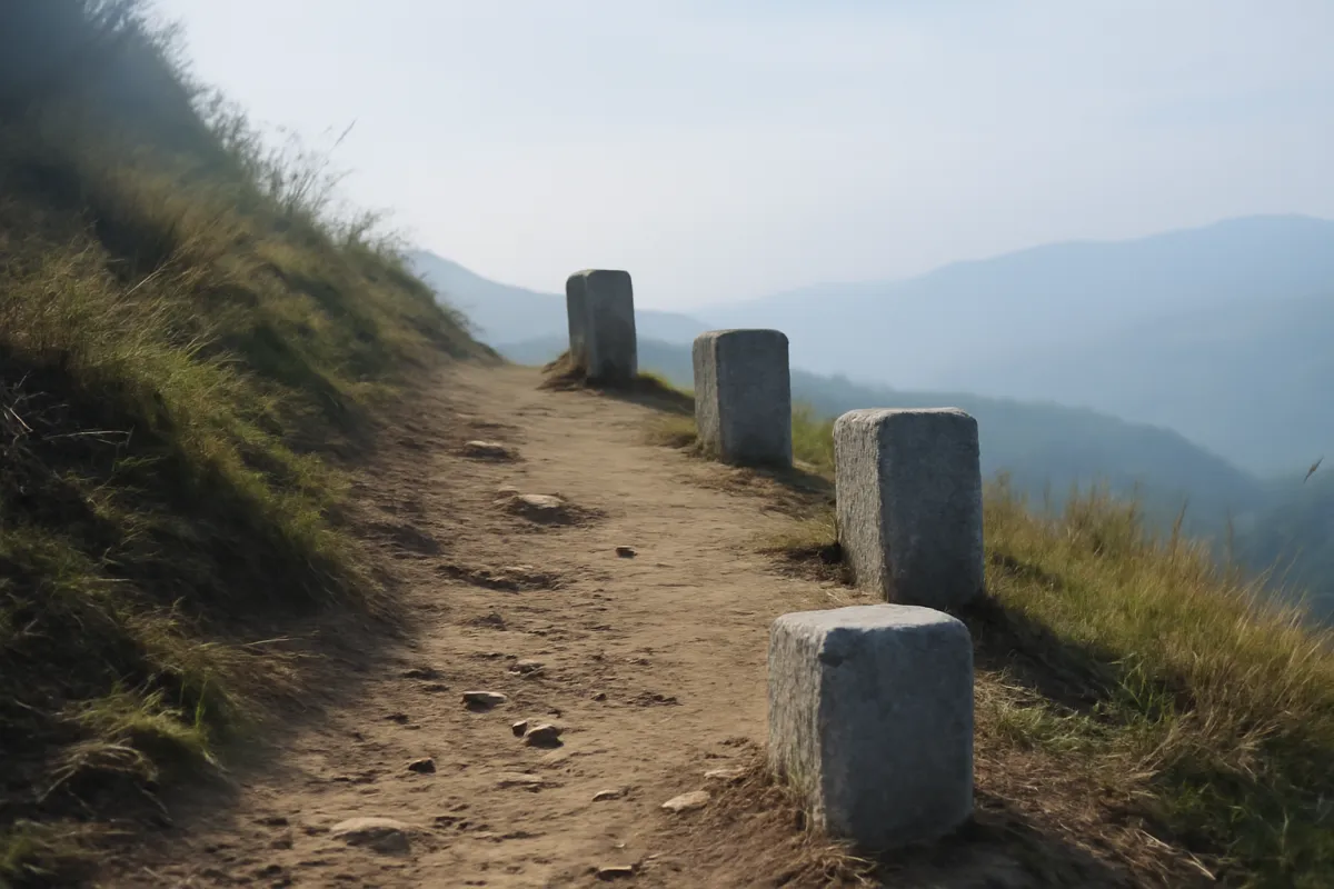 Ascending stone milestone markers along a hillside trail rising into blue-grey morning haze