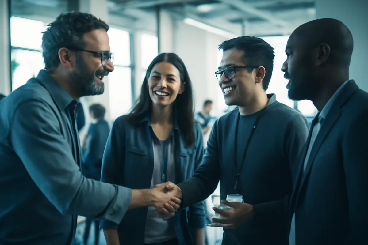A small group of adult professionals networking and talking at a tech meetup in a bright coworking space
