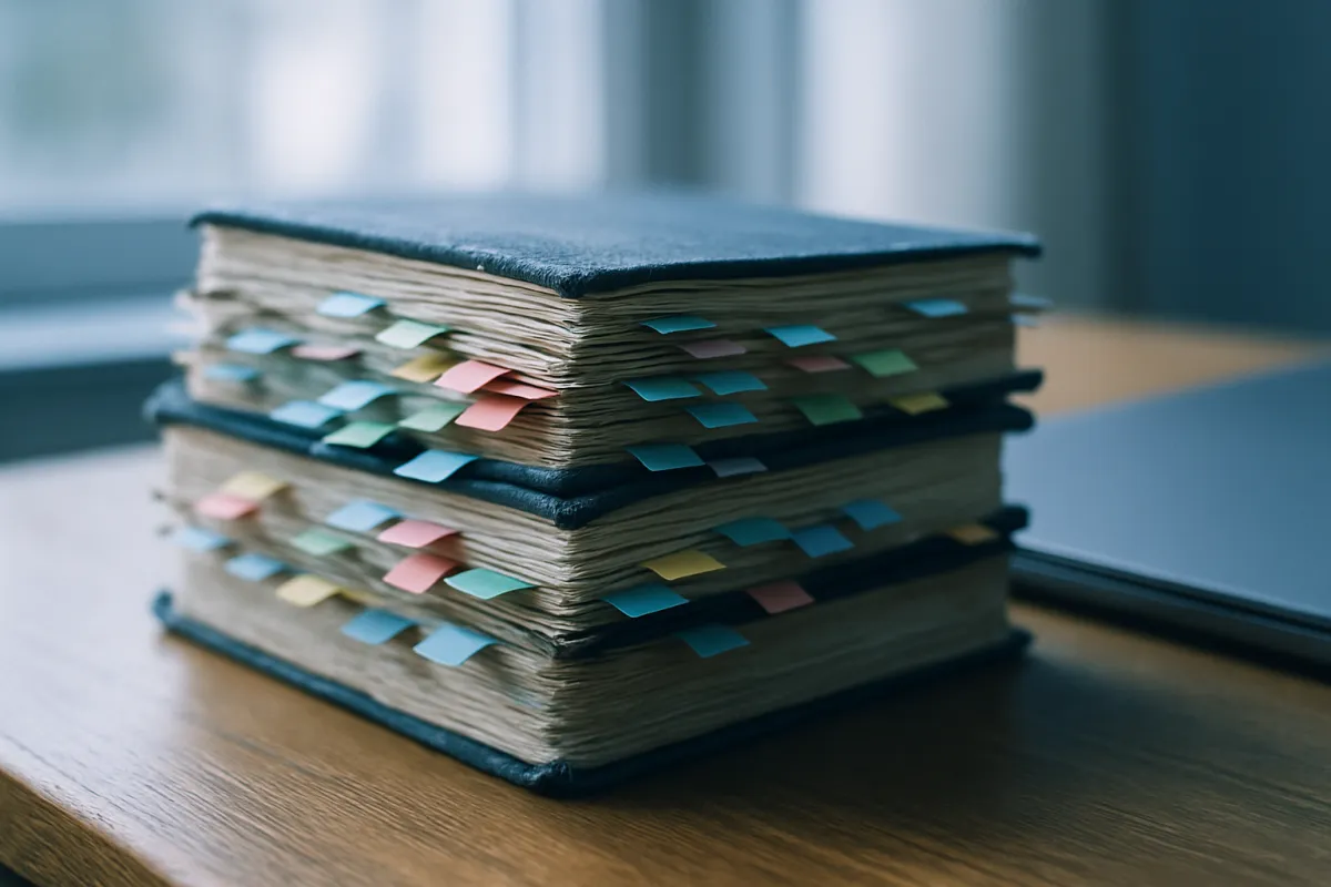 A stack of worn notebooks marked with colorful sticky tabs on a desk beside a closed laptop