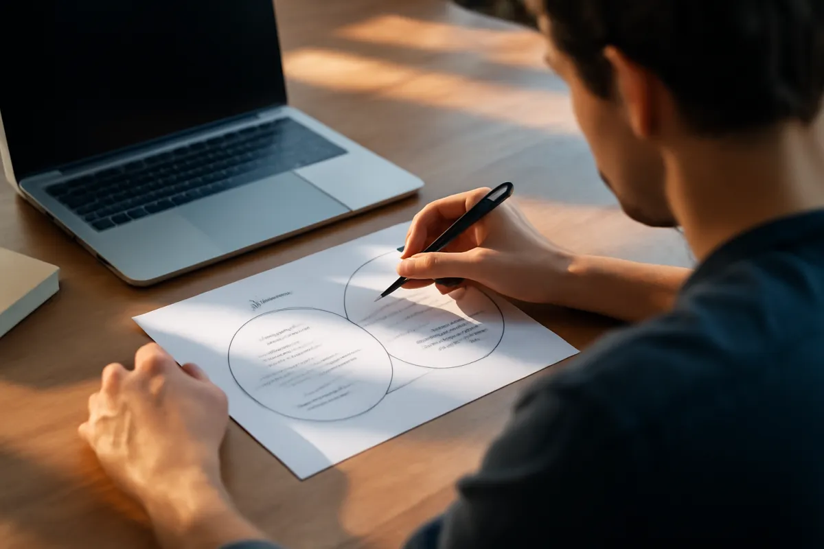 A person at a desk mapping their current job skills against a target tech role on paper beside a laptop