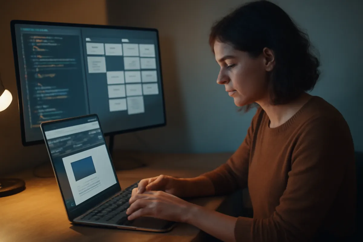 A developer building a coding portfolio project on a laptop with a second monitor showing code and a project board