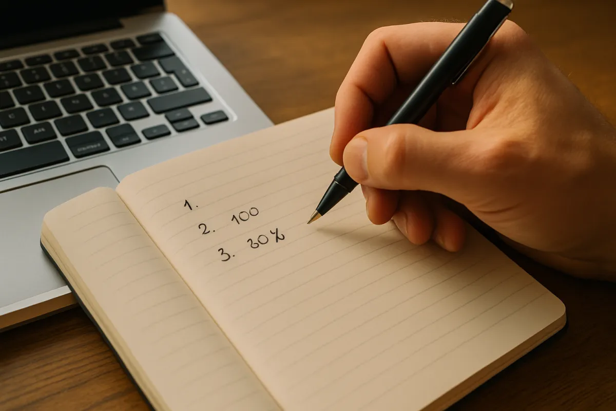 A hand writing short bullet points with numbers and metrics in a notebook beside a laptop keyboard