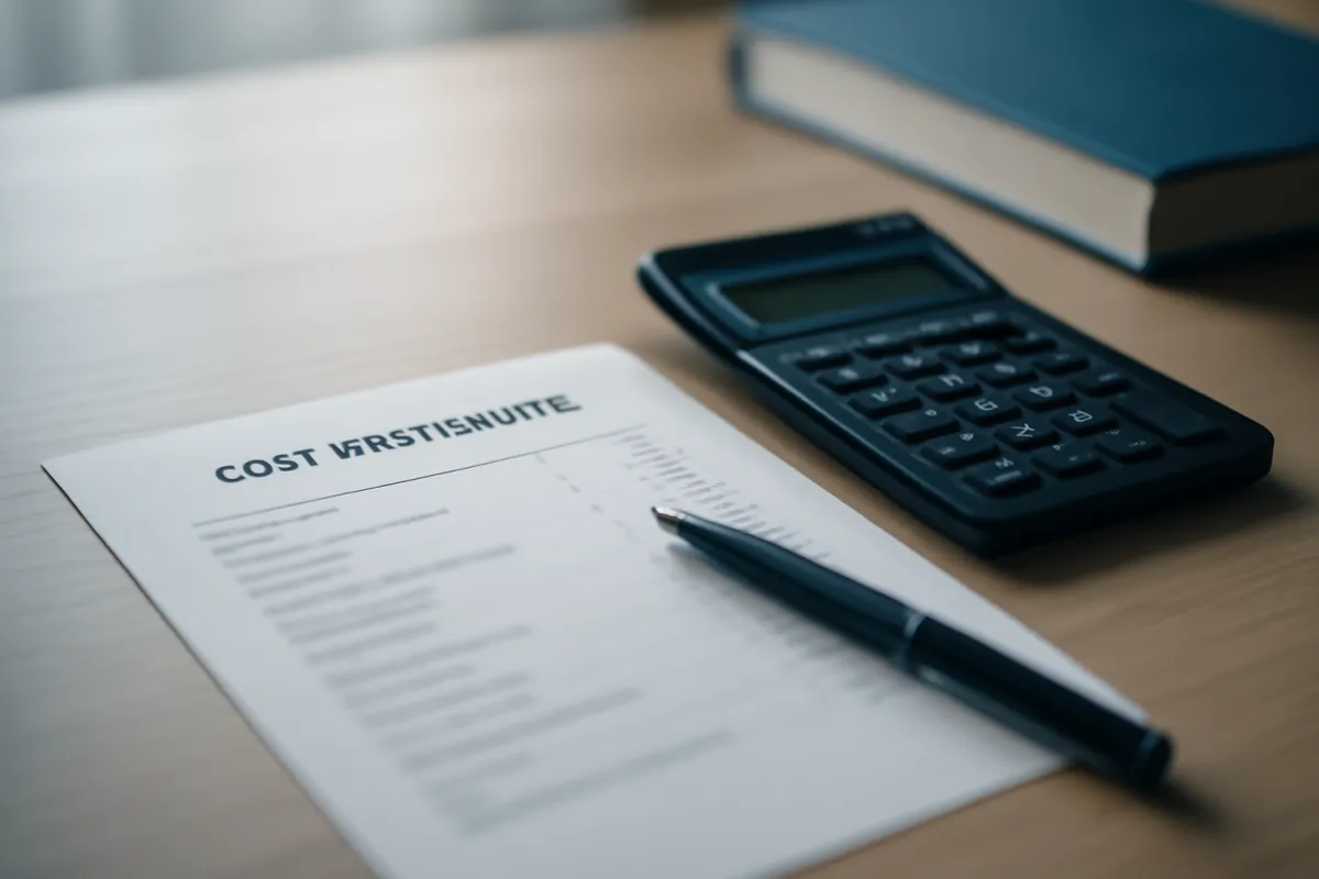 A printed cost-breakdown sheet on a desk beside a calculator and pen, with itemized rows blurred, under slate-blue light