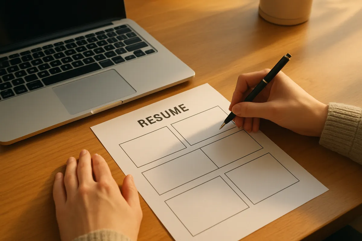 A person arranging a one-page resume outline on paper beside an open laptop on a tidy desk