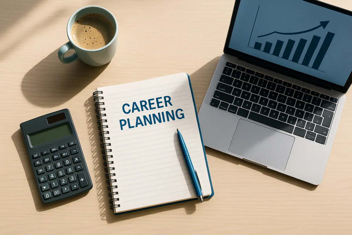 A career planning notebook with a calculator and a laptop showing an upward chart