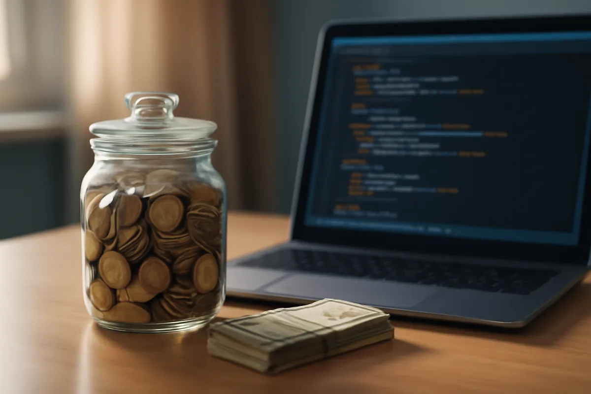 A glass jar filled with coins and a banded stack of banknotes on a desk beside a laptop showing code