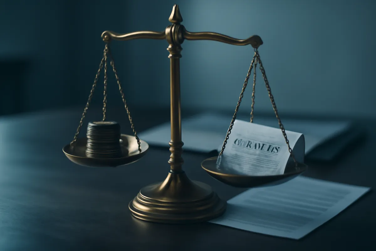 A balanced brass scale on a desk weighing coins against a folded contract in cool blue light