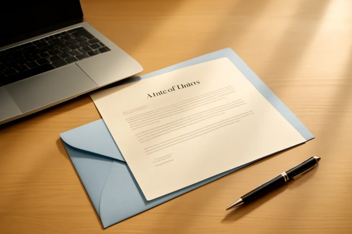 A printed letter resting on a light blue envelope beside a laptop and a pen on a sunlit wooden desk