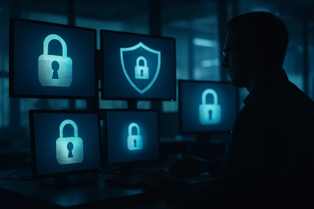 A cybersecurity workspace with monitors showing abstract lock and shield glyphs, a professional in silhouette