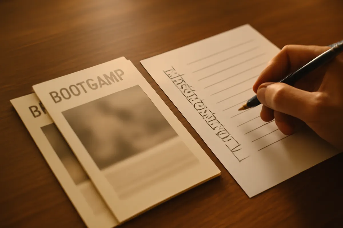 Two bootcamp brochures laid side by side on a desk with a hand ticking boxes on a checklist
