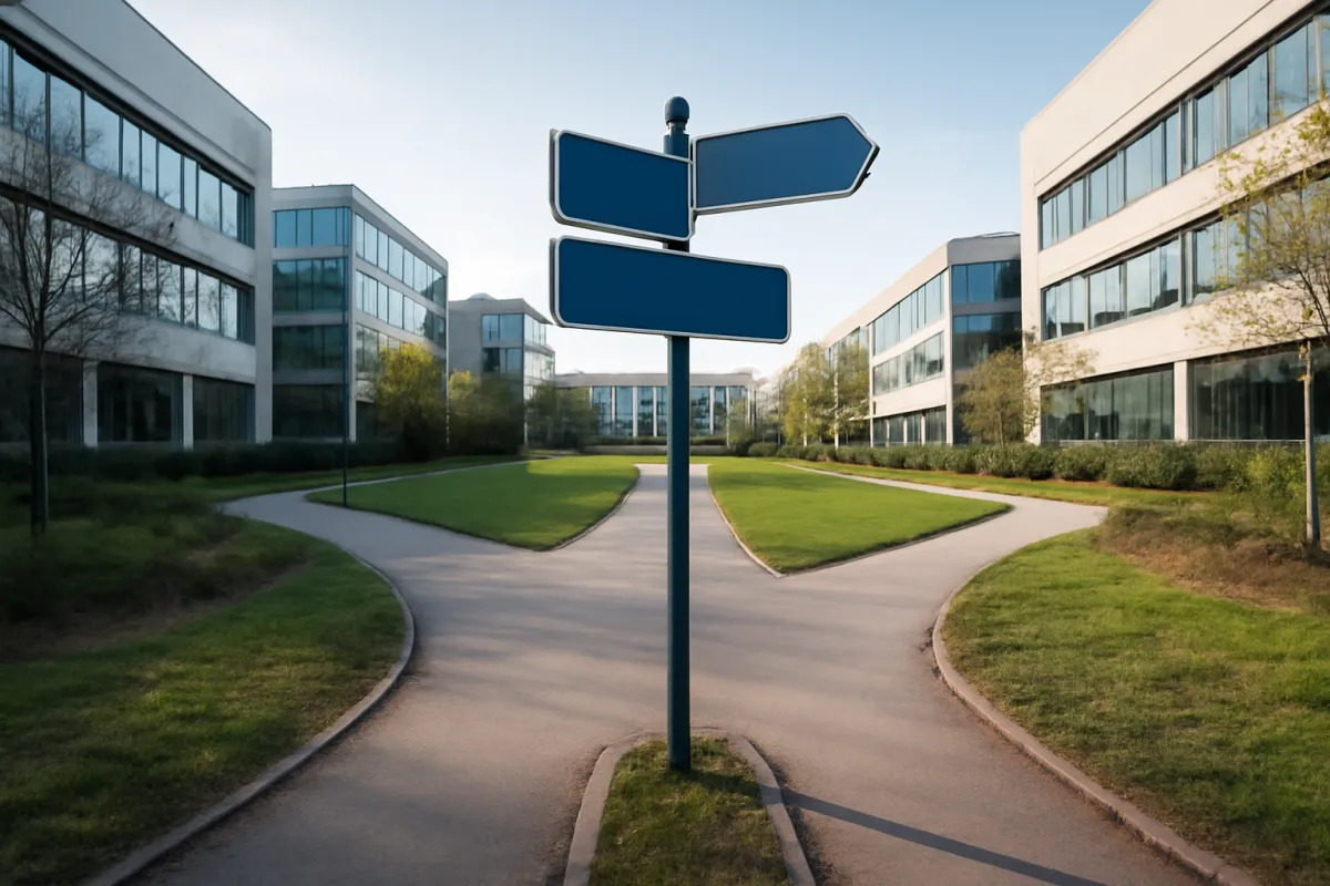 A road forking into three separate paths through a modern tech campus, with blank blue directional signs