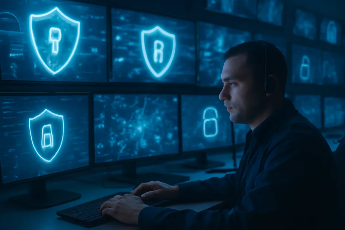 A cybersecurity operations center with a wall of monitors showing abstract shield and lock glyphs, a specialist at a desk in deep slate-blue light