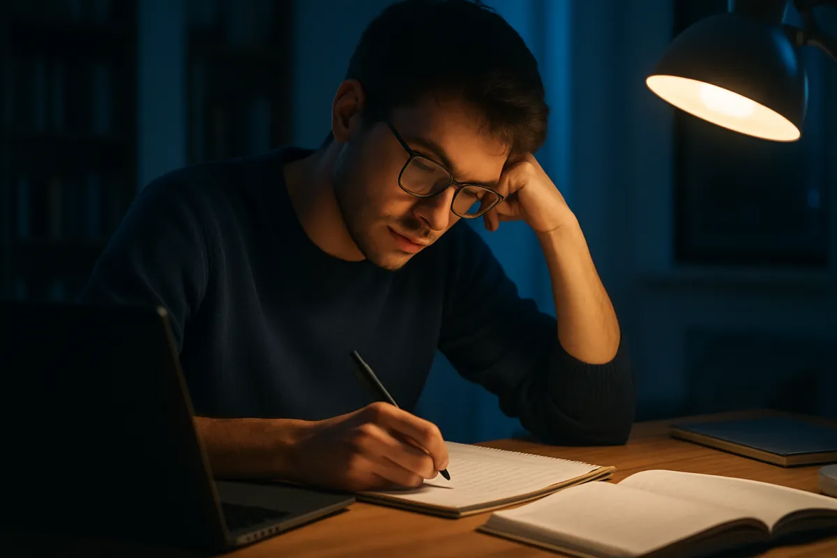 A young adult studying at night with a laptop and notebooks